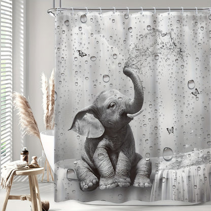 1pc/4pcs - Funny Elephant Shower Curtain Set, Shower Curtain with 12 Plastic Hooks, Bathroom Anti-slip Floor Mat, Toilet U-Shaped Mat, Cover Mat, African Animals Playing In Water Cute Wild Butterfly Raindrops Wildlife Bath Decor Home Decor