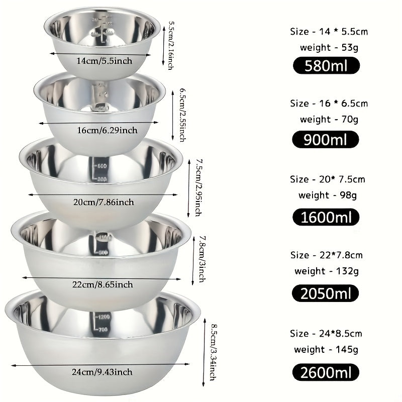 5pcs Stainless Steel Mixing Bowl Set with Measurement Markings Ideal for Cooking, Baking, And Meal Prep. Versatile Household Kitchen Bowls Perfect for Food Preparation, Vegetable Washing, Fruit Serving, Noodle Mixing, And More. Essential