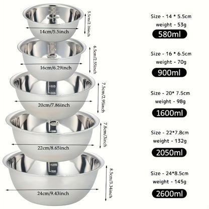 5pcs Stainless Steel Mixing Bowl Set with Measurement Markings Ideal for Cooking, Baking, And Meal Prep. Versatile Household Kitchen Bowls Perfect for Food Preparation, Vegetable Washing, Fruit Serving, Noodle Mixing, And More. Essential