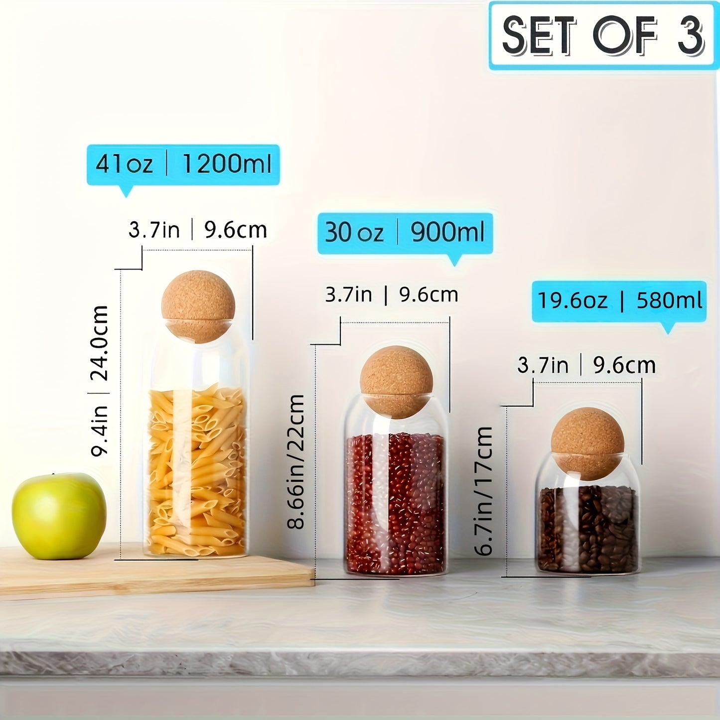 3pcs Glass Storage Container With Spherical Cork Stopper, 17 Oz/500ml Glass Jar, Perfect For Storing Tea, Flowers, Nuts, Candies, Etc. - A Must-have For Kitchen Organizing