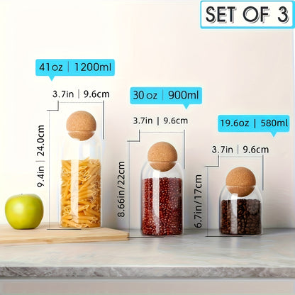 3pcs Glass Storage Container With Spherical Cork Stopper, 17 Oz/500ml Glass Jar, Perfect For Storing Tea, Flowers, Nuts, Candies, Etc. - A Must-have For Kitchen Organizing