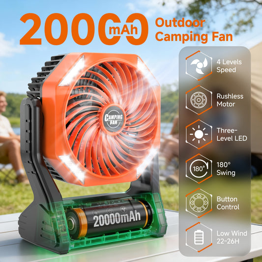 Camping Fan 20000mAh with LED Light and Brushless Motor, 4-Speed 180° Oscillating Portable Outdoor Fan, 22-26H Long Runtime Anti-Slip Base, 3-in-1 Table Fan for Camping, Hiking, Picnic and Emergency