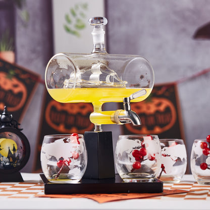 A Set Of Wine Utensils, Including 1 Decanter 44oz/1300ml, 4 Cups 10oz/300ml, And 1 Wooden Frame, Smooth Sailing Faucet Bottle Set, Boat Shaped Shaker, Cool Wine Dispenser, Suitable for Family Bars, Unique Birthday Gifts