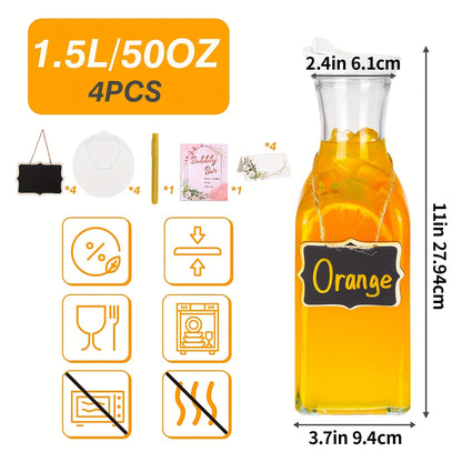 Collection of Four Glass Carafes with Lids, Each Holding 1.5 Liters, Ideal for Serving Iced Tea, Cold Drinks, Milk, And Cold Brew Coffee, Perfect for Halloween And Christmas.