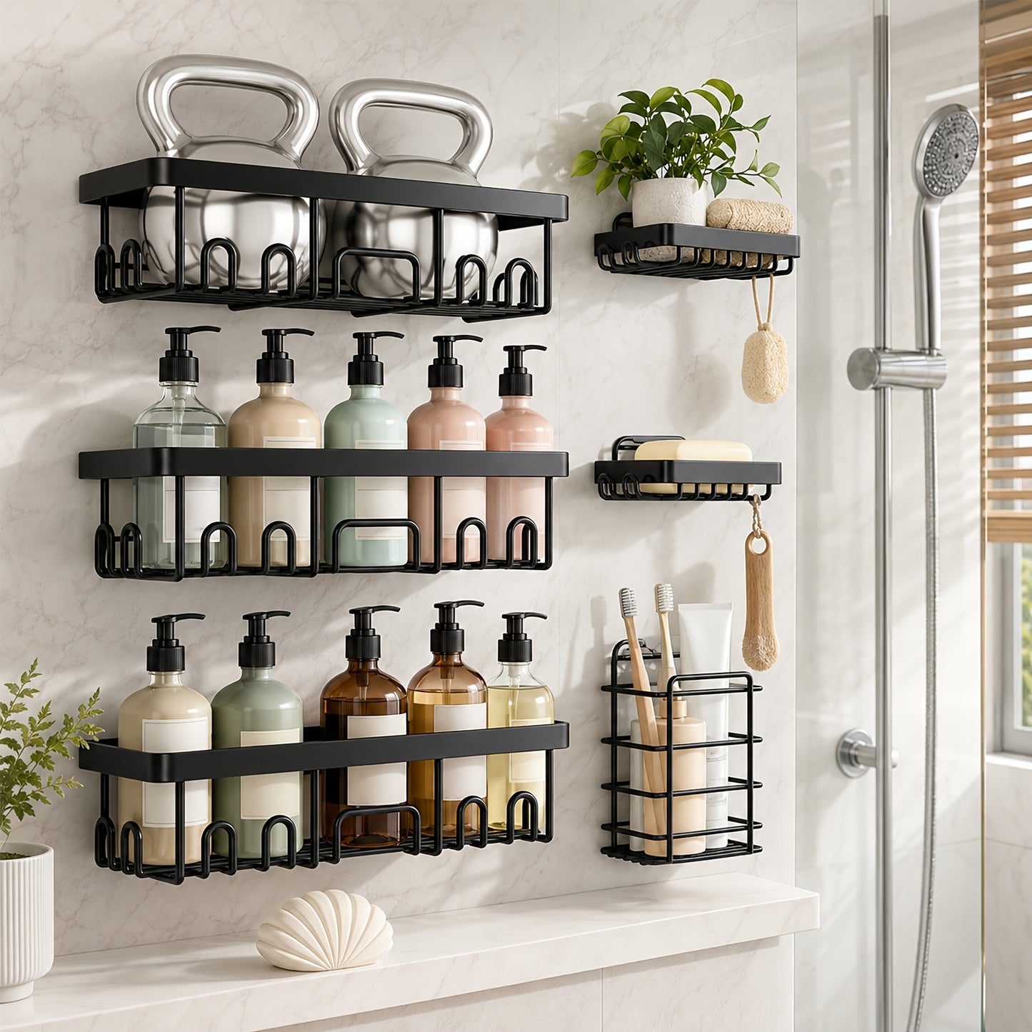6 Shower Racks, Toilet Paper Rack, Soap Rack, Toothbrush Rack, No Drilling Required, 13-inch Large Capacity, Bathroom Storage And Kitchen Sticky Shower Storage Rack (black)