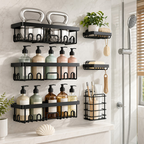 6 Shower Racks, Toilet Paper Rack, Soap Rack, Toothbrush Rack, No Drilling Required, 13-inch Large Capacity, Bathroom Storage And Kitchen Sticky Shower Storage Rack (black)