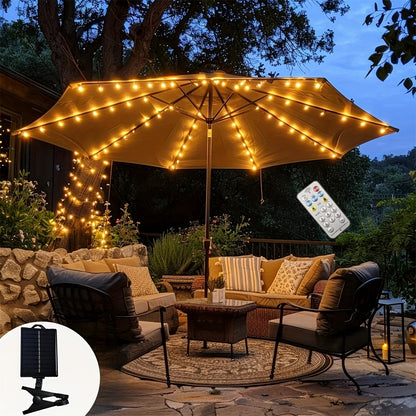 1pc Solar Powered Patio Umbrella Light with 104 LED Lights, Outdoor Market Umbrella Lamp with 8 Modes Remote Control, for Backyard, Deck, Poolside, Beach, Garden, Camping, Party Decoration, Tan, Battery Included