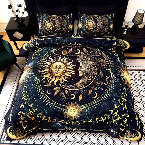 3-Piece Ultra-Soft Breathable Golden Sun Moon Planet Duvet Cover Set (1 Duvet Cover + 2 Pillowcases, Pillow Inserts Not Included), High-Definition Digital Print for Home and Dormitory Use
