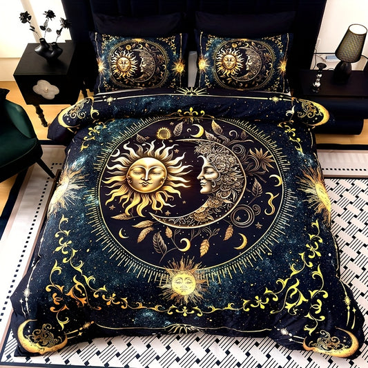 3-Piece Ultra-Soft Breathable Golden Sun Moon Planet Duvet Cover Set (1 Duvet Cover + 2 Pillowcases, Pillow Inserts Not Included), High-Definition Digital Print for Home and Dormitory Use