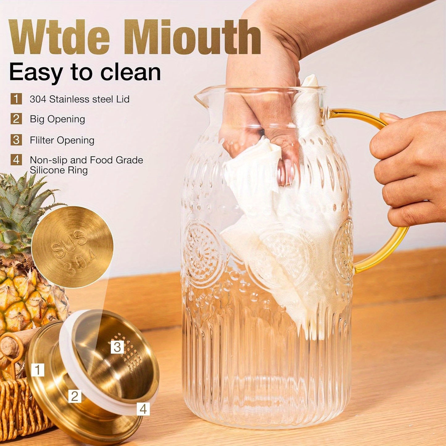 Amzcku 68oz/2 Liter Glass Pitcher with Lid - Vintage Water Jug, Heat-Resistant Glass Carafe Suitable for Cold Brew, Coffee, Lemonade, Iced Tea - Lid, Glass Jug for, Parties, Picnics, Camping, Office