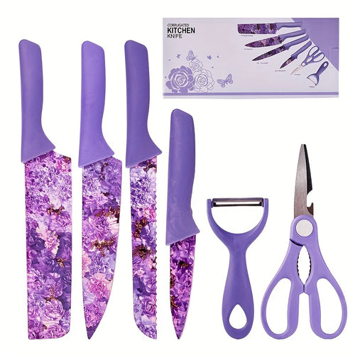 6pcs Jasmine Flower Pattern Kitchen Knife Set Colorful Printing, High Carbon Stainless Steel Blades, Ergonomic Handles, Sharp Meat Cleaver, Serrated Bread Knife, Precise Scissors, Peeler - Perfect Cooking Gifts for Women And Men, Kitchen Essentials