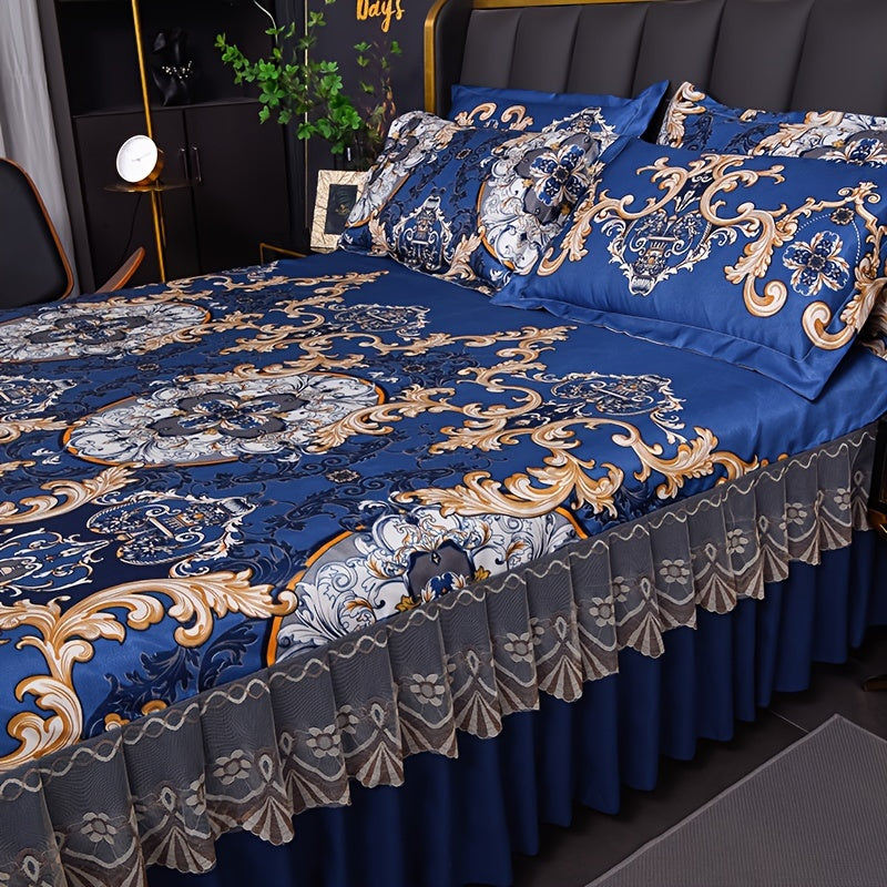 3pcs Double Layer Ruffle Bed Skirt Style Cool Mat Three Piece Set with Pillowcase Washable High Weight 360° Full Wrap
