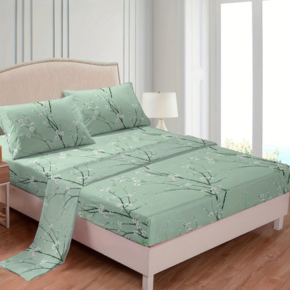 Fitted Sheet Set 4-Piece Plum Blossom Floral Print | Deep Pocket 15" Bed Sheets Twin Full Queen King | Soft Polyester Bedding Set with 2 Pillowcases, All-Season Machine Washable