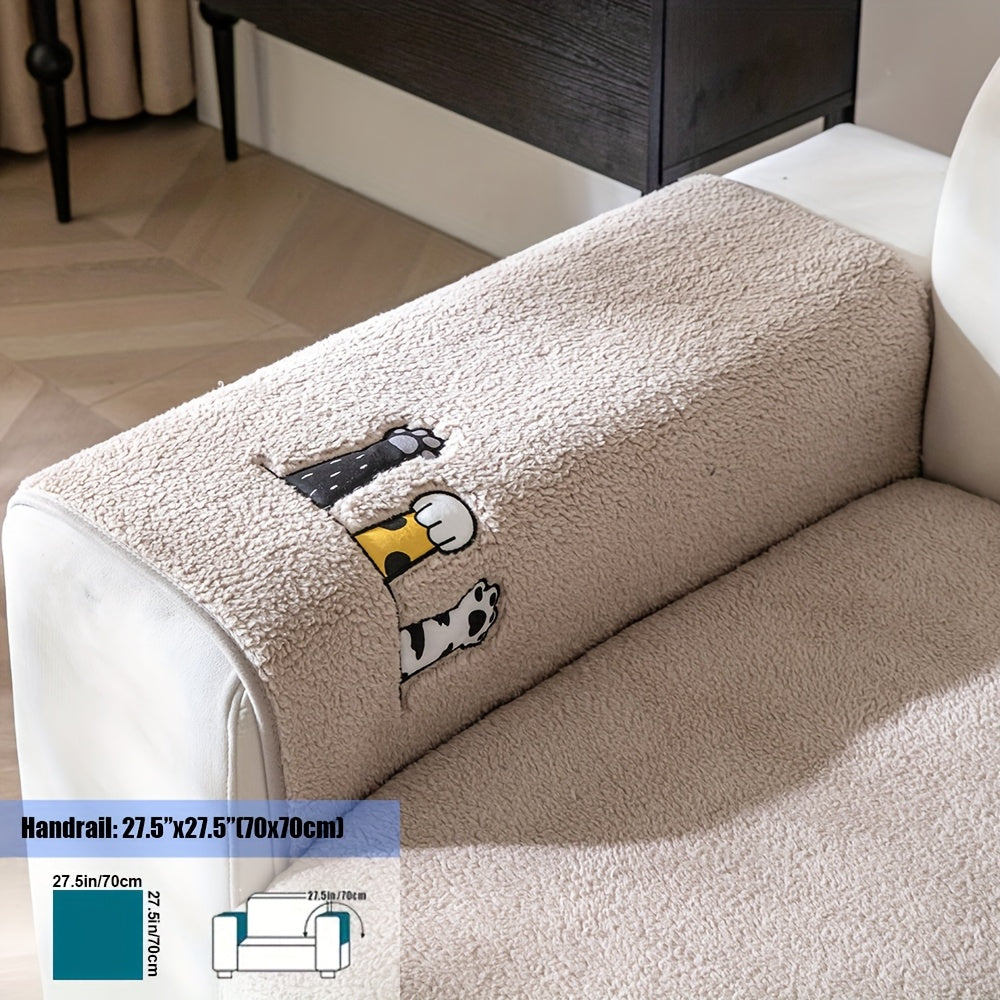 1pc Thickened Sherpa Sofa Couch Cover with Embroidered Cute Cat Paw , Thick Plush Seat Cushion Protector, Fuzzy Non Slip Sofa Slipcover, Pet-Friendly And Machine Washable Furniture Protector, Home Decor