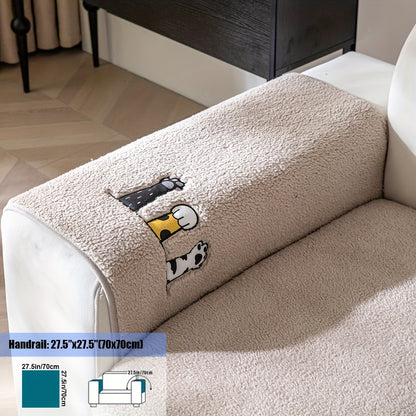 1pc Thickened Sherpa Sofa Couch Cover with Embroidered Cute Cat Paw , Thick Plush Seat Cushion Protector, Fuzzy Non Slip Sofa Slipcover, Pet-Friendly And Machine Washable Furniture Protector, Home Decor