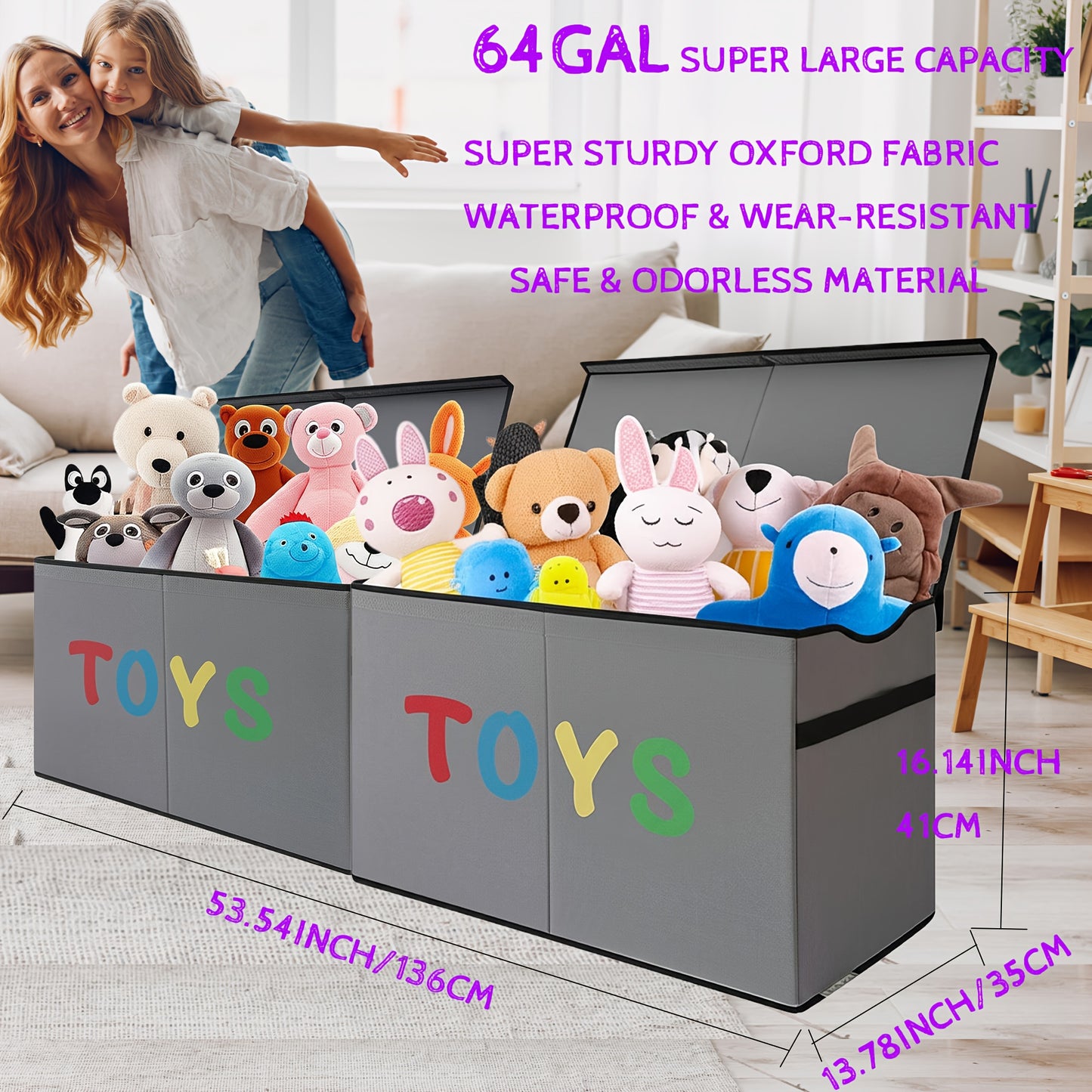 64-Gallon Super-Sized Collapsible Storage Box with Lids - Features Adjustable Dividers for Sturdy Organization of of Different Sizes, Measuring 54"X16"X14". This Extra-Large Chest Is Ideal for Boys And Girls