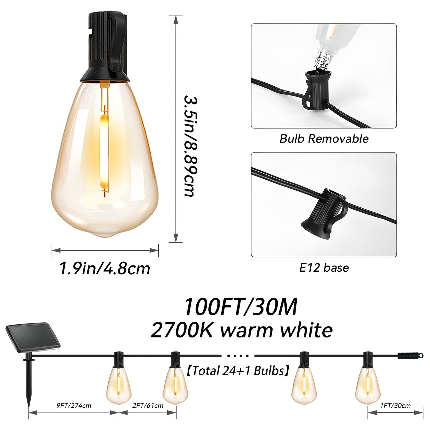 50/100 Ft Solar Outdoor String Light, Usb-Rechargeable Patio Rope Light, 2700K Warm White, Weather Resistant Material, 12+1/24+1 Breakproof ST38 E12 Bulb for Patio, Backyard, Porch, Outdoor Pool