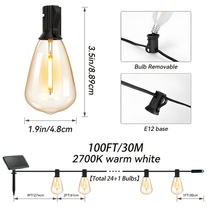 50/100 Ft Solar Outdoor String Light, Usb-Rechargeable Patio Rope Light, 2700K Warm White, Weather Resistant Material, 12+1/24+1 Breakproof ST38 E12 Bulb for Patio, Backyard, Porch, Outdoor Pool