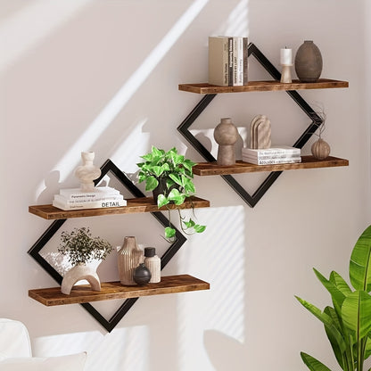 2/4pcs Double Layer Geometric Diamond Wall Floating Shelf Decorative Industrial Hanging Metal Wire Wooden Display Stand, Simple Style Wall Floating Stand, Artistic Style, Suitable for Living Room Kitchen, Floating Shelves