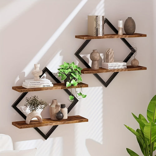 2/4pcs Double Layer Geometric Diamond Wall Floating Shelf Decorative Industrial Hanging Metal Wire Wooden Display Stand, Simple Style Wall Floating Stand, Artistic Style, Suitable for Living Room Kitchen, Floating Shelves