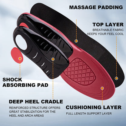 Athletic Insoles EVA Arch Support – Shock Absorbing, 210+ Lbs Load Capacity, Red & Black Design for Running, Hiking, Work Boots & Sneakers