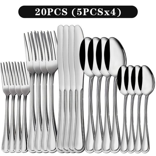 Stainless Steel Flatware Cutlery Set – Mirror Polished, Dishwasher Safe, Silver & Black Options, Service for 4 / 8 / 12 – Kitchen Utensil Set for Home, Restaurant & Wedding Gift