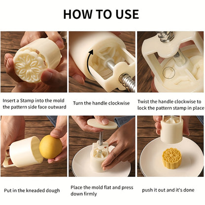 7pcs Moon Cake Mold | Mid Autumn Festival Hand Press Cookie Stamps Pastry Tool Mooncake Maker, Flower Molds Patterns 1 Mold 6 Stamps 50G, Cookie Cutters For Baking, Plastic Material By Jusbe
