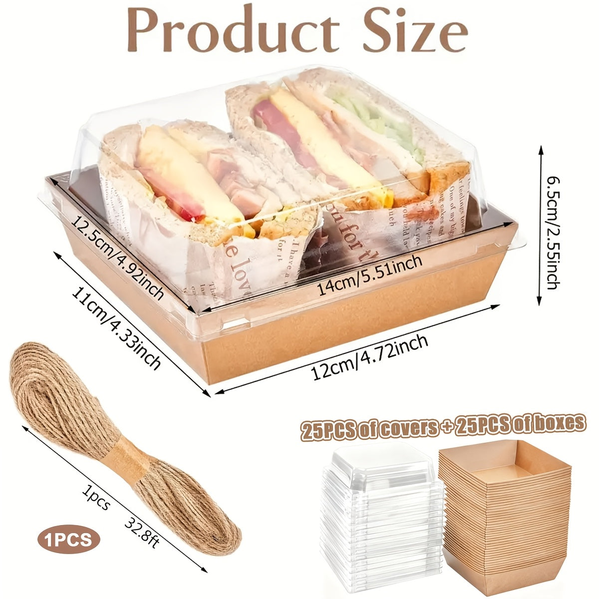 50pcs Paper Cooked Food Box with Clear Lid A 49Ft Brown String Kraft Bread Box Suitable for Dessert Sandwich Cake Biscuit Wedding Birthday Party Camping Picnic (25pcs Brown Box And 25pcs Lid)