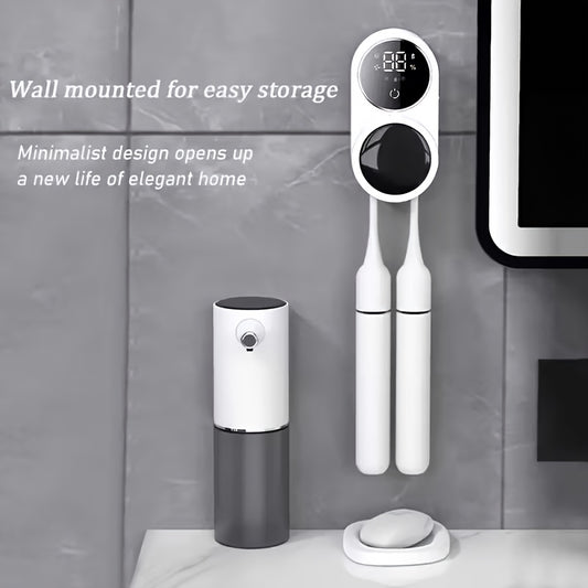 Smart Double Toothbrush Holder with UV Sterilization & Auto Dry System, Sensor Sensor Door Suitable for All Bathrooms, USB- Wall-Mounted Hygienic Storage with Battery Display, No-Drill Installation for Oral Care Device for /Office