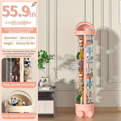 Transparent Cylindrical Doll Storage Bin with Zipper - Children's Plush And Dolls Storage Organizer for Home Use, Easy to Assemble, Suitable for Living Rooms, Bedrooms, Storage Rooms, Etc