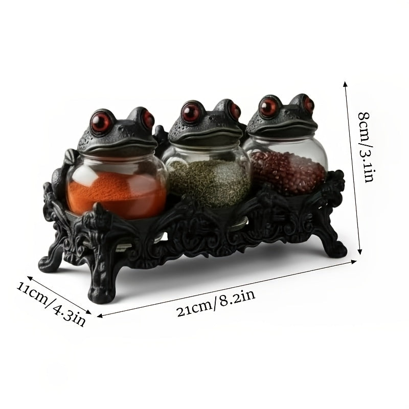 Gothic Witch Frog Spice Jars Set of 3 with Engraved Bases & Spoon – Vintage Pharmacist Jars with Frog Lids for Dark Kitchen Decor, Halloween Herb Storage