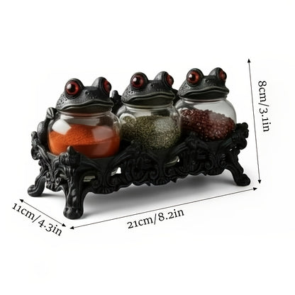 Gothic Witch Frog Spice Jars Set of 3 with Engraved Bases & Spoon – Vintage Pharmacist Jars with Frog Lids for Dark Kitchen Decor, Halloween Herb Storage