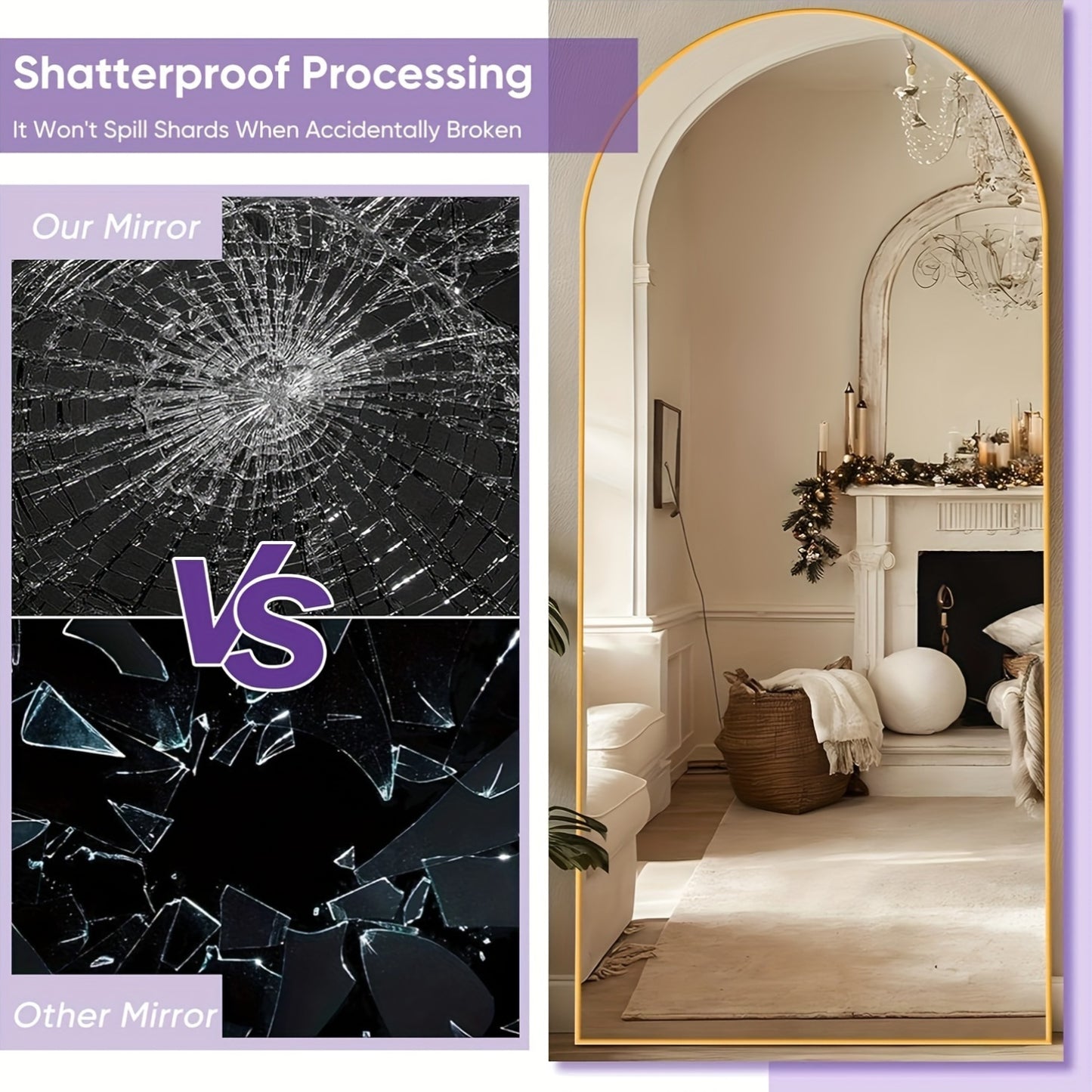 Full Length Mirror Arched Floor Mirror with Stand - Freestanding & Wall Mount Full Body Mirror for Bedroom, Living Room & Cloakroom, Available in 59"x18", 64"x21", 68"x26", Elegant Home Decor
