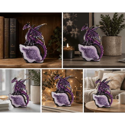 5.5" H Purple Dragon Guarding Faux Crystal Cave Figurine Decorative Resin Statue Sculpture for Home, Office, or Bookshelf – A Unique Collectible and Perfect Gift for Housewarmings, Holidays, and Birthdays