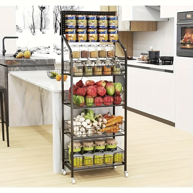 Four-Level Metal Display Rack on Wheels, Featuring a Painted Surface, Separate Shelves, Designed for Floor Use, Versatile for Various Placements, Includes a Snack And Food Display Section, Ideal for Kitchens And Convenience Stores, Standing Shelf