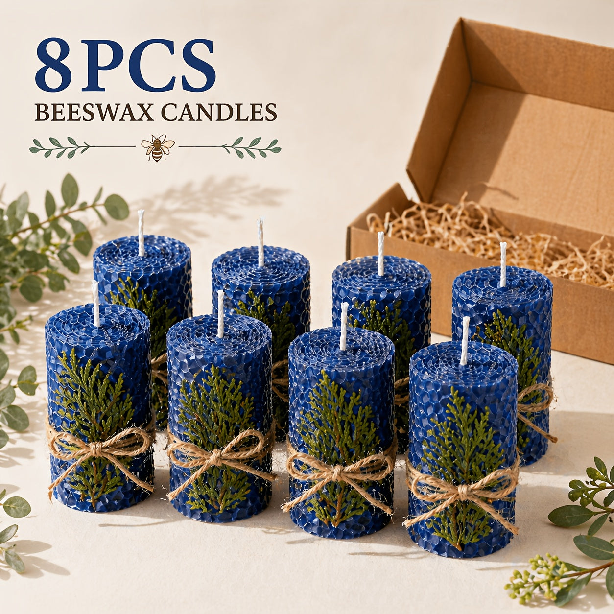 4pcs 100% Beeswax Candles, Gift Box Set of 4 Hand Rolled Pillar Candles for Gift And Home Decor, with Honeycomb Texture for Gift And Candle Decor, Christmas Dinner Candles, Christmas Decorations