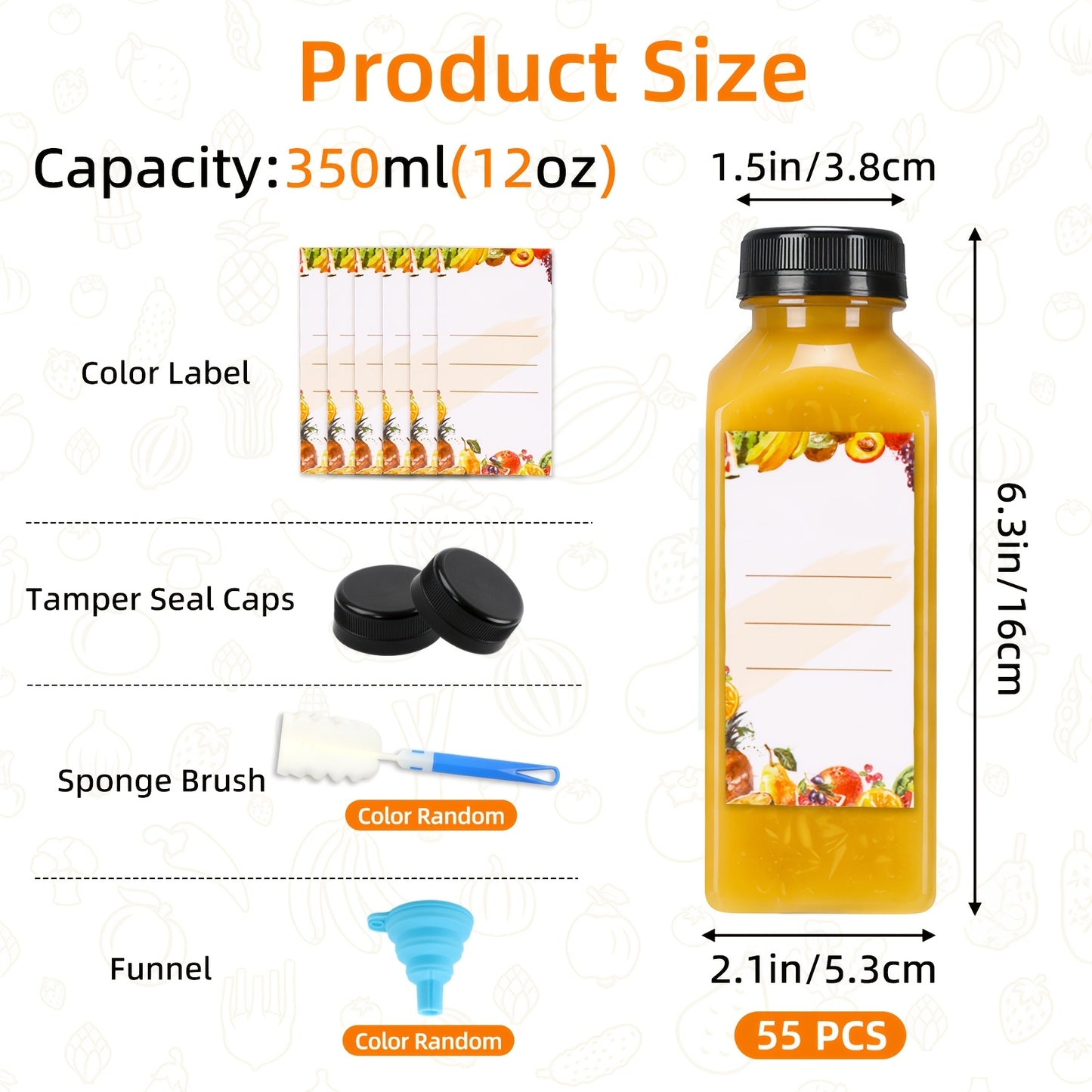 TOMNK 55pcs 12oz Bulk Reusable Bottles with Caps, Plastics Juice Containers, with Labels, Funnel And Brush, Clear Juicing Bottles for Juicing, Smoothies, Milkshakes And Iced Coffee, Good Sealin. Funnel & Brush (Color Random).