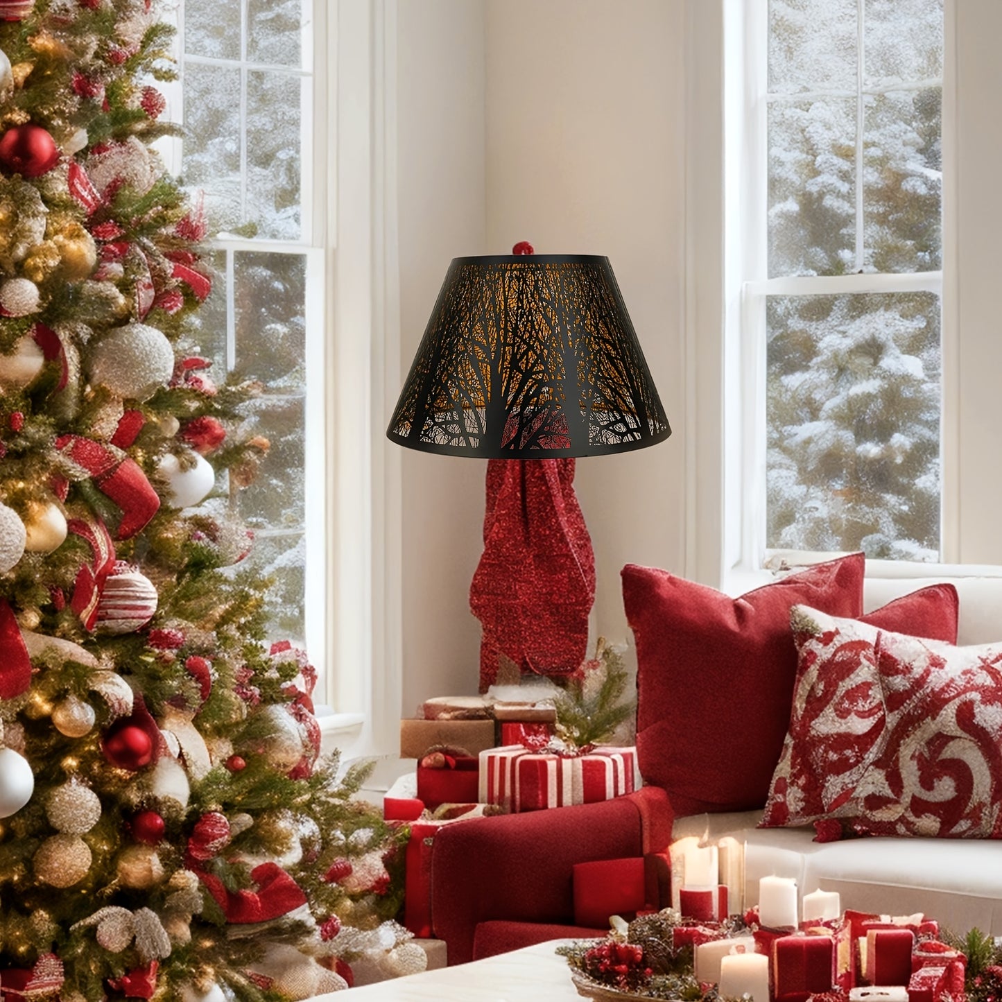 1pc Etched Forest Metal Lampshade, Black Exterior with Golden Interior, Barrel-Shaped Lampshade, Medium to Large Lampshade, Table Lamp Shade, Floor Lamp Shade, Black Lampshade 7x13x7.8", Suitable for Table Lamps, Floor Lamps, High-Quality Lampshade