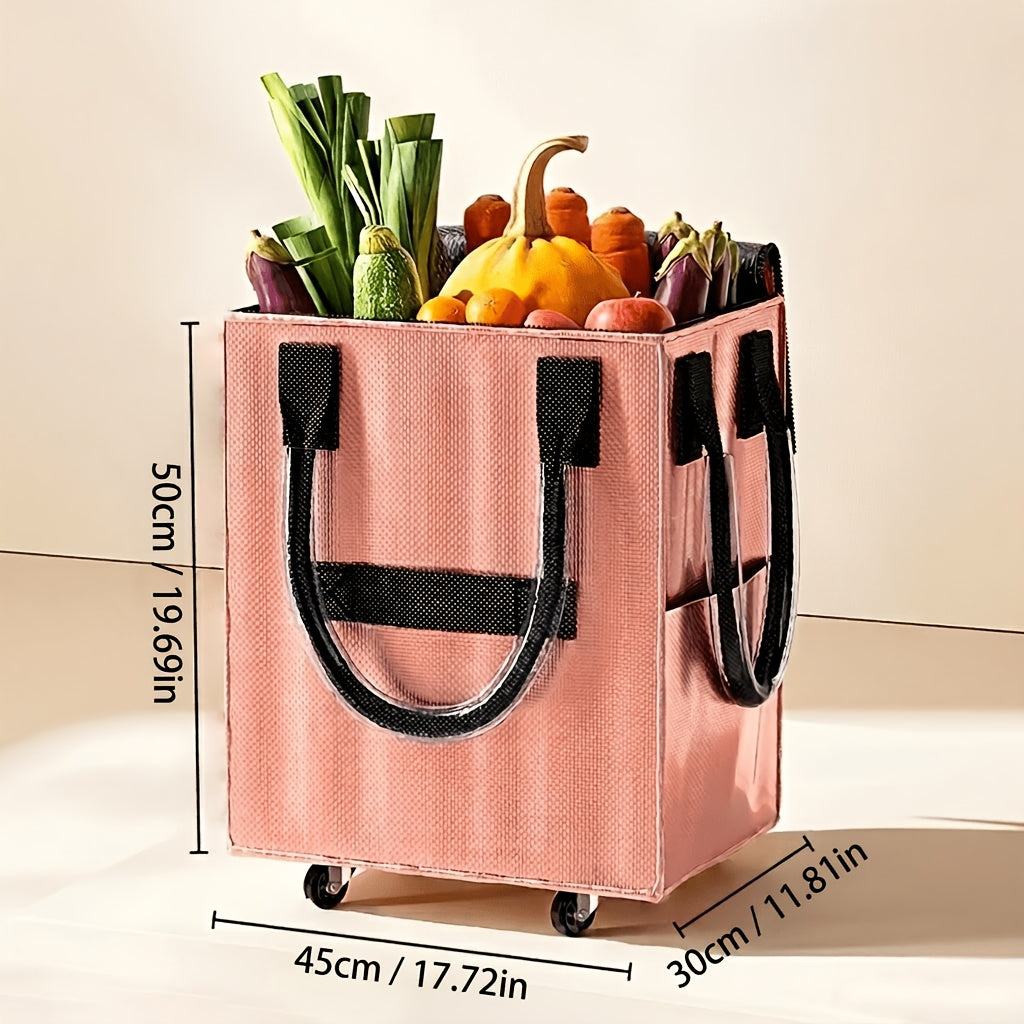 16 Gallon Extra Large Rolling Grocery Bag with Wheels, 60L Heavy Duty Foldable Shopping Cart, Waterproof Thickened Material Travel Tote, Metallic Rose Golden/Black/Silver Multi-Functional Utility Bag