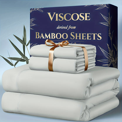 4pcs Bamboo Cooling Bedding - Extra Deep Pocket Breathable And Cooling - Suitable for Hot Sleepers And Sweats, Children Pillowcases, Flat Sheet And Fitted Sheet - A Perfect Gift for Family, Queen And King Sizes, Next Day Delivery