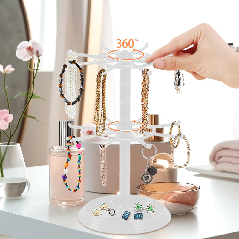 1pc Black 2-Tier Rotating Jewelry Stand, Plastic Necklace Bracelet Hanging Organizer, Multipurpose Earring Keychain Display Rack for Dressing Table and Counter Use, No Electricity Needed, Jewelry Towers