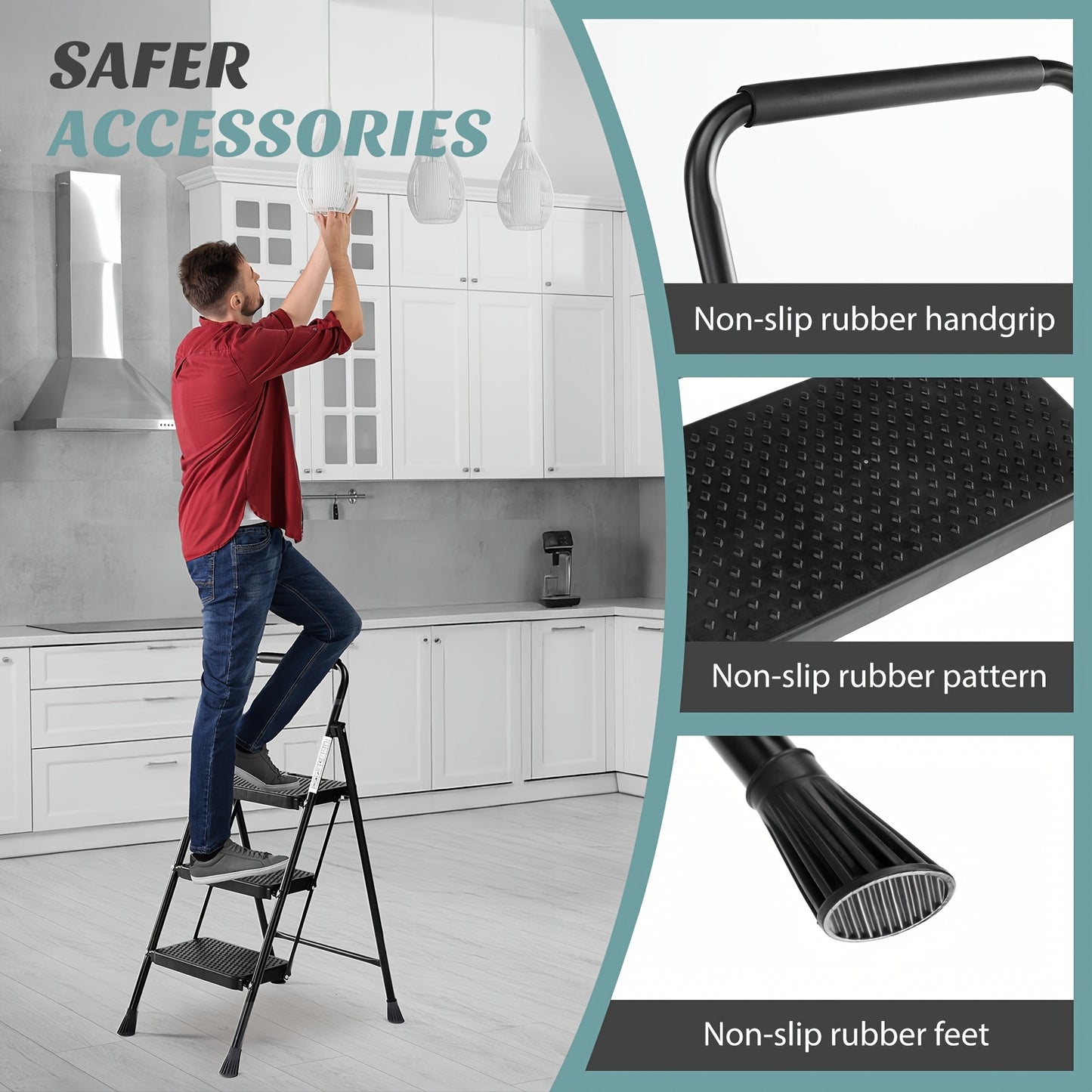 Step Ladder Shelves Heavy Duty Folding Step Stool with Wide Anti-Slip Pedal, 800lbs Storage Shelves Sturdy Steel Ladder Convenient Tool Lightweight Portable Steel Step Stool, 2 Steps 3 Steps, Festival Gifts, Black