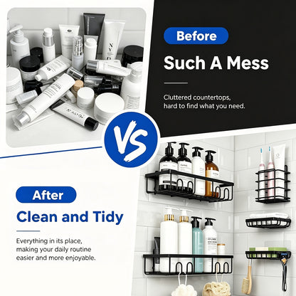 6 Shower Racks, Toilet Paper Rack, Soap Rack, Toothbrush Rack, No Drilling Required, 13-inch Large Capacity, Bathroom Storage And Kitchen Sticky Shower Storage Rack (black)