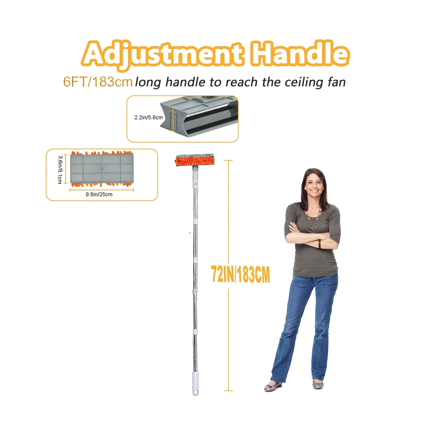 Ceiling Fan Duster 63 Inch Extendable Long Handle Reusable Chenille Microfiber Mop Head Ceiling Fan Blade Cleaner for Dusting Fan Blades Baseboard Wall Floor High Reach Cleaning Tool 6 Feet