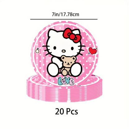 41pcs/Set Pink Hello Kitty Theme Party Set, Disposable Party Supplies Decoration Includes 20 Plates, 20 Napkins, 1 Tablecloth