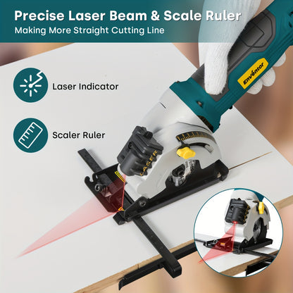 ENVENTOR Mini Circular Saw, 4.8A Electric Circular Saw Corded with Laser Guide, 4000RPM, 3 Saw Blades 3-3/8" Max Cutting Depth 1-1/16", Compact Hand Saw for Wood, Soft Metal, Tile, Plastic Cuts
