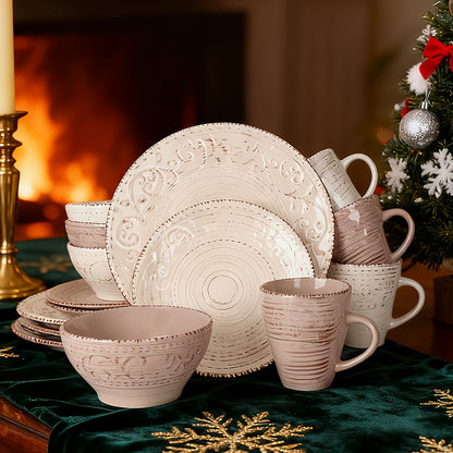 16pcs Dinnerware Set Service for 4, Blue & Coffee Color Stoneware Set, Bowls Set, Dishes Set, Including Dinner Plates, Dessert Plates, Salad Bowls And Mugs. Chip & Scratch Resistant. Dishwasher & Microwave Safe. Gifts for Weddings & Anniversaries