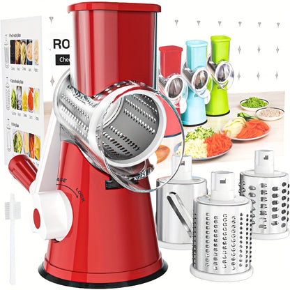 Rotary Cheese Planer Hand Crank Cheese Shredder Fresh Cheese, Vegetable Nuts, Non-Slip Suction Base, Free Cleaning Brush Three Blades