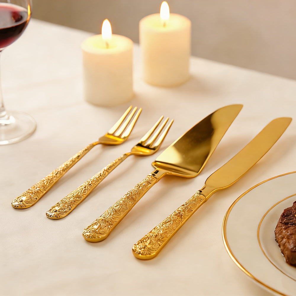 2pcs Golden Rose - Handle Tableware Set, Exquisite Cake Knife And Spatula Gift Box, High-End Food Service Equipment Supplies, Ideal Western-Style Tableware for Gifting