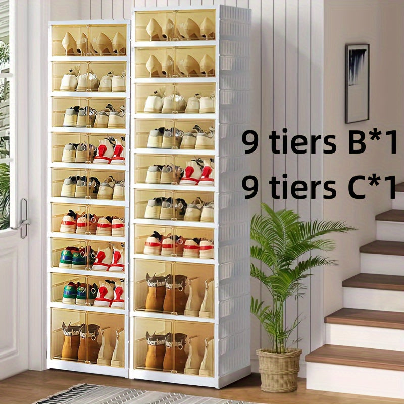 1pc/2pcs Heavy-Duty Collapsible 9-Tier Shoe Cabinet Organizer - Clear Plastic Foldable Stackable Shoe Rack with Shelves, Space-Saving Narrow Storage for Hallway, Apartment, Small Spaces - No Assembly Required (Shelves & Doors)